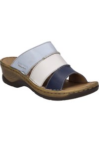 Leather slide sandal featuring three overlapping straps in light blue, white, and navy, with an open toe and a low, contoured heel.
