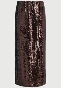 Paillette puošmena midi sijonas, turintis tamsiai rudo ir rožinio aukso atspalvių gradientą, su prigludusia danga ir elastinga juosmena.