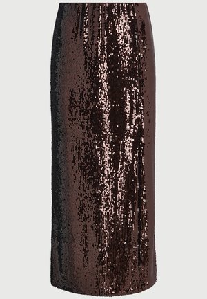 Púderdíszítéssel ellátott midi szoknya, amely sötétbarna és rózsaarany árnyalatok fokozatos átmenetét mutatja, testhezálló szabással és rugalmas derékpánttal.
