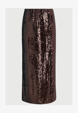 Saia midi adornada com lantejoulas apresentando um degradê de castanho escuro a rosa dourado, com um design ajustado e cintura elástica.