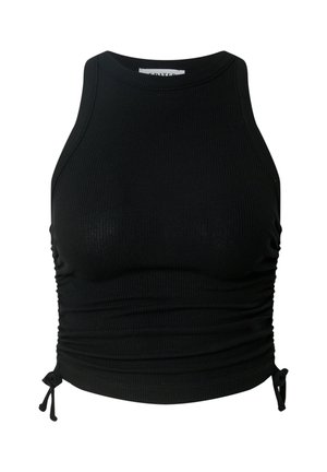 Zwarte geribbelde tanktop met een hoge halslijn, een getailleerde pasvorm en verstelbare zijkanten voor een aanpasbare fit. Zachte textuur, minimale details.