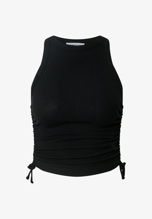 Zwarte geribbelde tanktop met een hoge halslijn, een getailleerde pasvorm en verstelbare zijkanten voor een aanpasbare fit. Zachte textuur, minimale details.