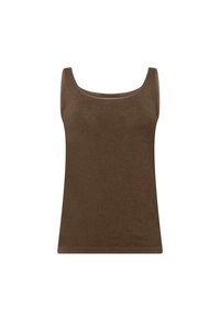 Brun ärmlös tanktopp i slät fabric; har ett brett runt halsringning och rak nederkant för en figurnära silhuett.