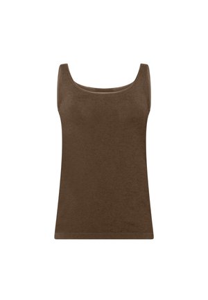 Brun ärmlös tanktopp i slät fabric; har ett brett runt halsringning och rak nederkant för en figurnära silhuett.