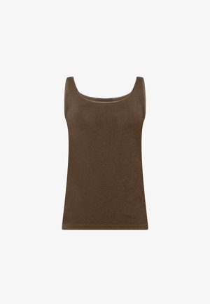 Brun ärmlös tanktopp i slät fabric; har ett brett runt halsringning och rak nederkant för en figurnära silhuett.