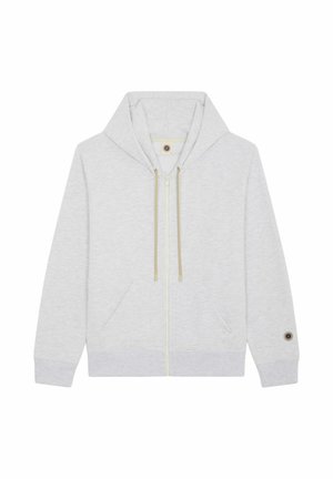 Sweat à capuche gris clair zippé avec poches avant, cordons beiges et un petit patch circulaire sur le poignet de la manche gauche.
