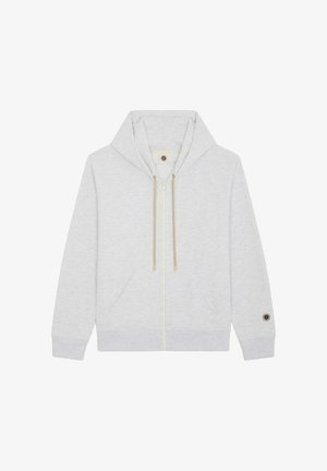 Sweat à capuche gris clair zippé avec poches avant, cordons beiges et un petit patch circulaire sur le poignet de la manche gauche.