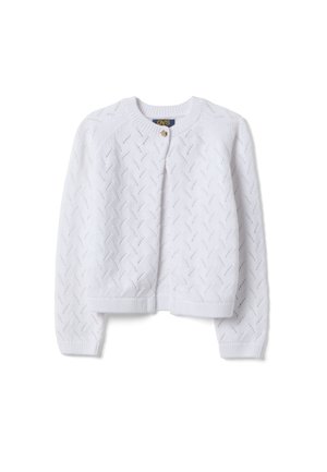 Witte gebreide cardigan met lange mouwen en een ronde hals, een gestructureerd visgraatpatroon, geribde manchetten en zoom, en een bovenste knoopsluiting.