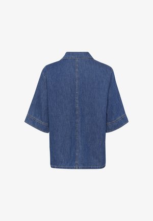 Traper košulja, kratki rukavi, srednje plave boje, klasičan ovratnik i ravni rub s vidljivim detaljima šivanja na rubovima.