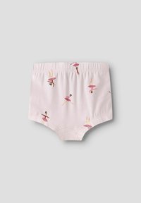 Baumwollshorts in Hellrosa mit einem elastischen Bund, der einen Balletttanzdruck in verschiedenen Posen und rosa Tutus zeigt. Glatte Textur.