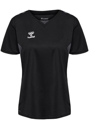 Zwart sport t-shirt met korte mouwen, V-hals ontwerp, grijze accenten aan de zijkanten en een Hummel-logo op de bovenste borst. Glad, lichtgewicht materiaal.