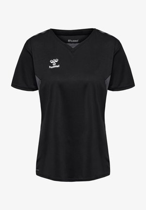 Zwart sport t-shirt met korte mouwen, V-hals ontwerp, grijze accenten aan de zijkanten en een Hummel-logo op de bovenste borst. Glad, lichtgewicht materiaal.
