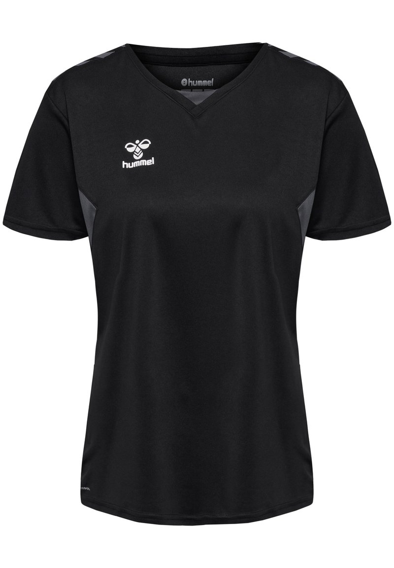 Svart atletisk t-shirt med korta ärmar, V-ringning, grå detaljer på sidorna och en Hummel-logga på övre bröstet. Slät, lättvikts tyg.