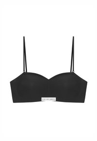 Černá podprsenka s hladkým materiálem, vycpávkami, nastavitelnými tenkými ramínky a logem na přední straně. Minimalistický design a strukturovaný tvar.