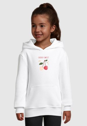 White hoodie with drawstring hood, front pocket, and a "CHERRY SWEET" graphic featuring red and yellow cherries and green leaves.