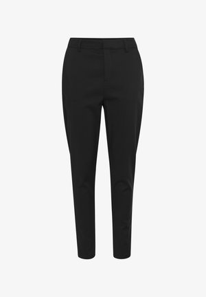 Mustad püksid, millel on kohandatud lõige, sujuv ja kerge kangas, vöökohad ja küljetaskud funktsionaalsuse jaoks.