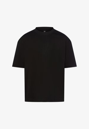 Czarny T-shirt z krótkim rękawem o luźnym kroju, okrągłym dekolcie i gładkiej bawełnianej tkaninie. Bez widocznych wzorów ani detali metalowych.