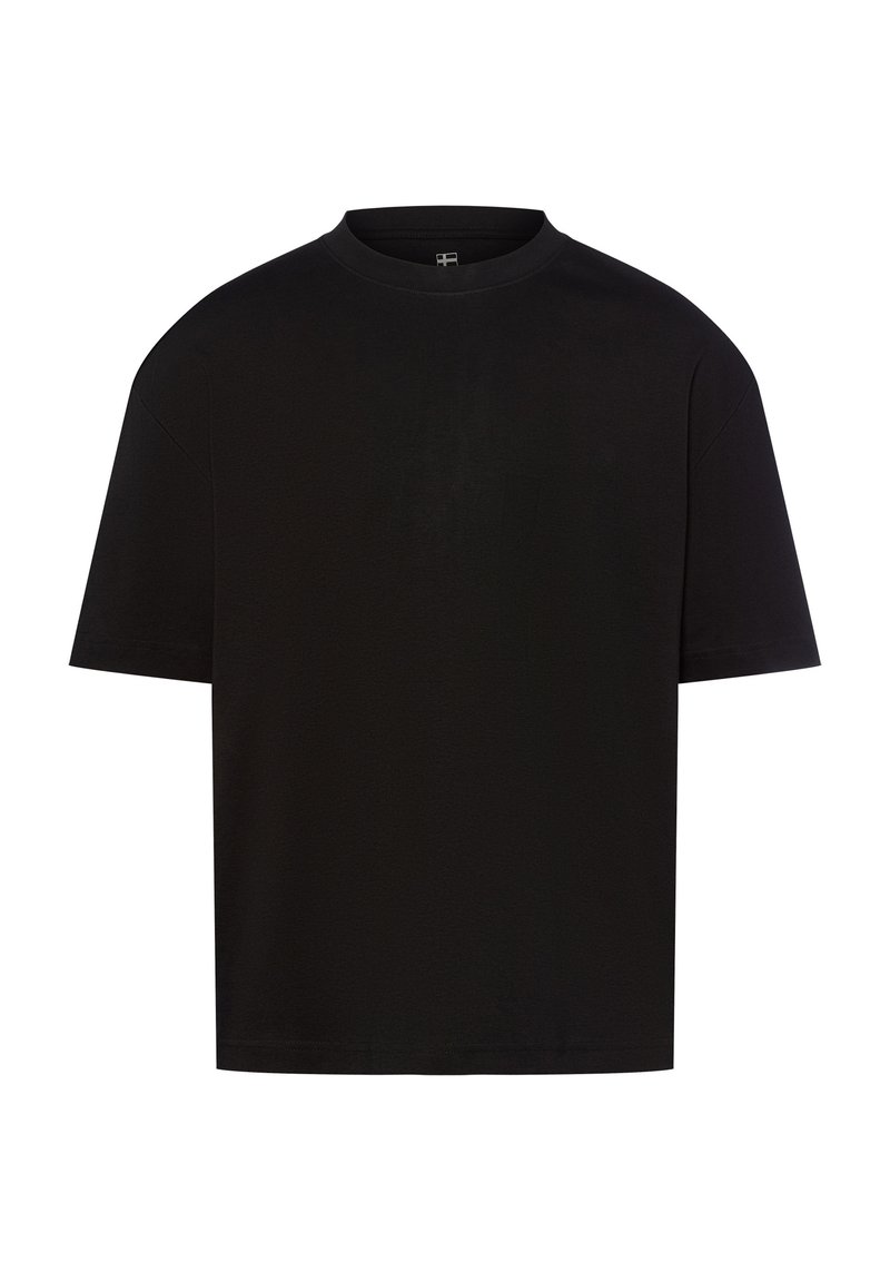 T-shirt nero a maniche corte con vestibilità rilassata, scollatura rotonda e tessuto di cotone morbido. Nessun motivo visibile o dettagli metallici.