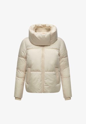 Cremfarbener Pufferjacke mit hohem gepolstertem Kragen, Reißverschluss vorne, langen Ärmeln und Seitentaschen, auf einem weißen Hintergrund präsentiert.