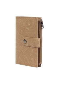 Brown textured wallet made of eco-friendly material, featuring a snap closure and a zippered compartment on the side.