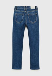 Mörkblå jeans i skinny-modell med medelhög midja, femficksdesign och en mjuk yta. Har en liten läderetikett bak.