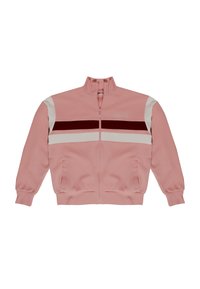 Giacca rosa con zip in tessuto liscio, caratterizzata da strisce orizzontali bianche e bordeaux. Presenta un colletto alto e polsini a costine. Senza tasche.