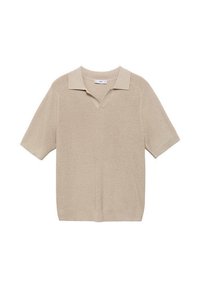 Beige polo tričko s krátkým rukávem a výstřihem do V, s ribováním a bočními rozparky. Vyrobeno z lehké pleteniny, jednoduchý a minimalistický design.
