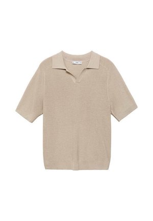 Polo cu mânecă scurtă, bej, cu decolteu în V, textură ribbed și slits pe lateral. Fabricat dintr-un material tricotat ușor, cu un design simplu și minimal.