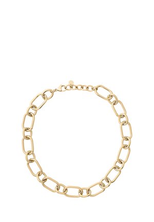 Gold-tone metal chain necklace featuring elongated rectangular links, a sturdy clasp, and a delicate chain extension with a heart accent.