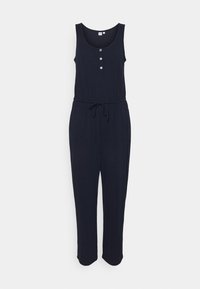Mörkblå overall med ärmlös design, rundad halsringning, framknäppning med tre knappar, justerbart dragsnöre i midjan och avsmalnande ben.
