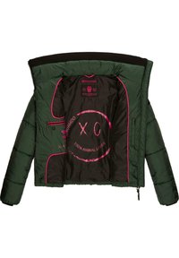 Puffer jacket, dark green exterior, black lining with pink accents. Features logo, text "100% ANIMAL LOVER," and zippered compartments.