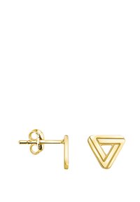 Goldfarbene Ohrstecker mit geometrischem Dreiecksdesign, glatter Oberfläche und polierter Optik. Mit sicherem Steckverschluss.