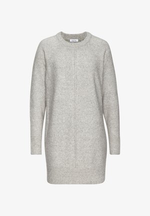 Light grey knitted sweater dress with a round neck, long sleeves, ribbed cuffs, and hem, featuring a subtle texture and a central seam detail.