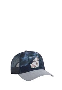 Casquette trucker bleu foncé et grise avec un dos en maille, ornée d'un écusson de loup hurlant portant l'inscription « LONE WOLF » sur le panneau avant.