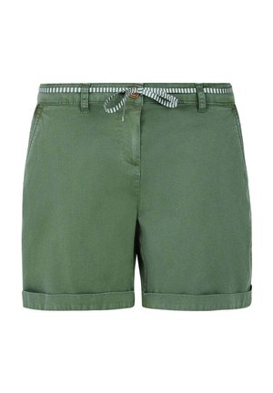 Zelené bavlnené šortky s prehnutým lemom, s pruhovaným opaskom a bočnými vreckami. Jednoduchý dizajn s hladkou textúrou.