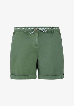 Grüne Baumwollshorts mit umgeschlagenem Saum, ausgestattet mit einem gestreiften Gürtel und Seitentaschen. Einfaches Design mit glatter Textur.