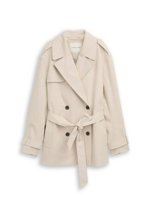 Beiger doppelreihiger Trenchcoat mit breiten Revers, vier schwarzen Knöpfen, Taillengürtel, Schulterklappen und Manschettenriemen.