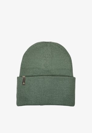 Green knitted beanie with a ribbed texture, cuffed design, and a small metallic tag on the side.