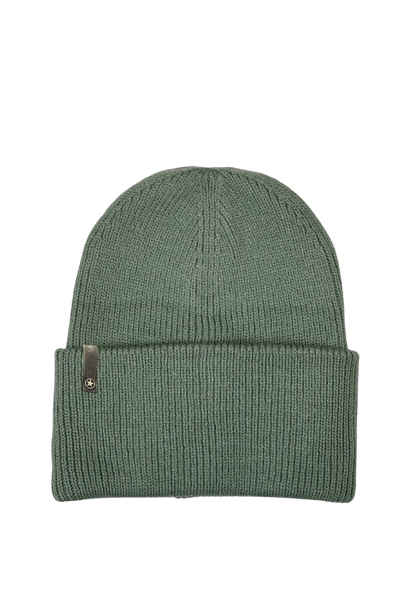 Green knitted beanie with a ribbed texture, cuffed design, and a small metallic tag on the side.