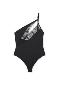 Bodysuit negro con diseño de un solo hombro, detalle de panel de encaje y textura de tela suave. Incluye tirante ajustable.