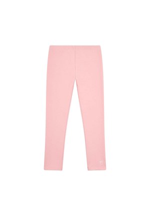 Light pink full-length leggings with a small white logo near the bottom of the right leg, displayed on a white background.