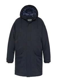 Marineblå polstret parka jakke med en aftagelig hætte, der har to forlommer, justerbare snore og en glat inderside.