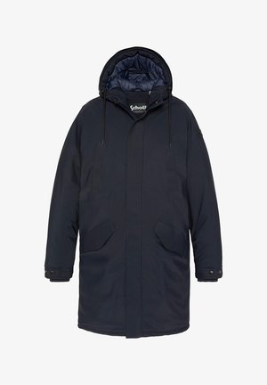 Giacca parka imbottita di colore blu navy con cappuccio rimovibile, dotata di due tasche frontali, cordini regolabili e una fodera interna liscia.