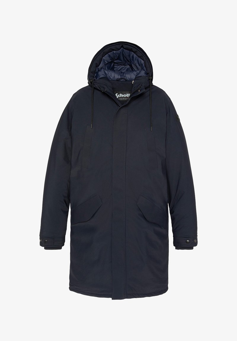abrigo parka acolchado en azul marino con capucha desmontable, que cuenta con dos bolsillos frontales, cordones ajustables y un forro interior suave.