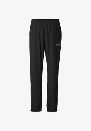 Zwarte sportbroek met elastische tailleband en boorden, voorzien van wit geborduurd "Sergio Tacchini"-logo op de linker dij.