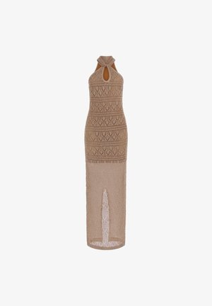 Beige knitted dress with halter neck and keyhole cutout. Features textured patterns and a thigh-high slit at the front.