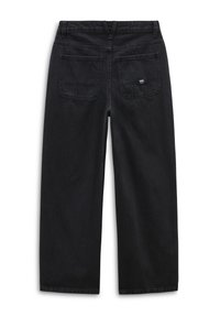 Pantaloni wide-leg in denim nero con vita media, caratterizzati da due tasche posteriori e cuciture dettagliate. Il tessuto ha una consistenza liscia.