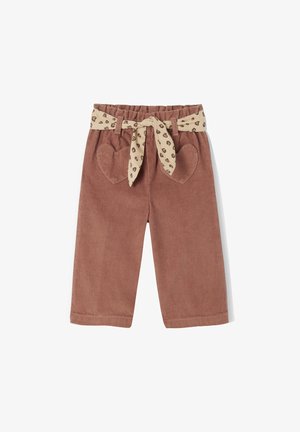 Brown corduroy pants with heart-shaped pockets, elastic waistband, and a patterned beige belt featuring leopard spots.