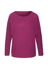 Langärmliger, gerippter Strickpullover in tiefem Magenta mit rundem Ausschnitt und lockerer Passform.