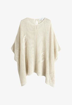 Bézs színű, laza kötésű poncsó széles ujjakkal, kerek nyakkivágással, hátul megkötővel és finom hímzett levélmintákkal.